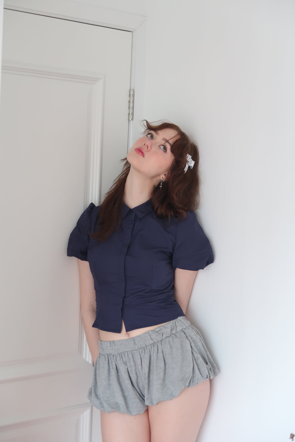 Swan Princess Puff Sleeves Blouse-Swan Navy