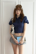 Swan Princess Puff Sleeves Blouse-Swan Navy